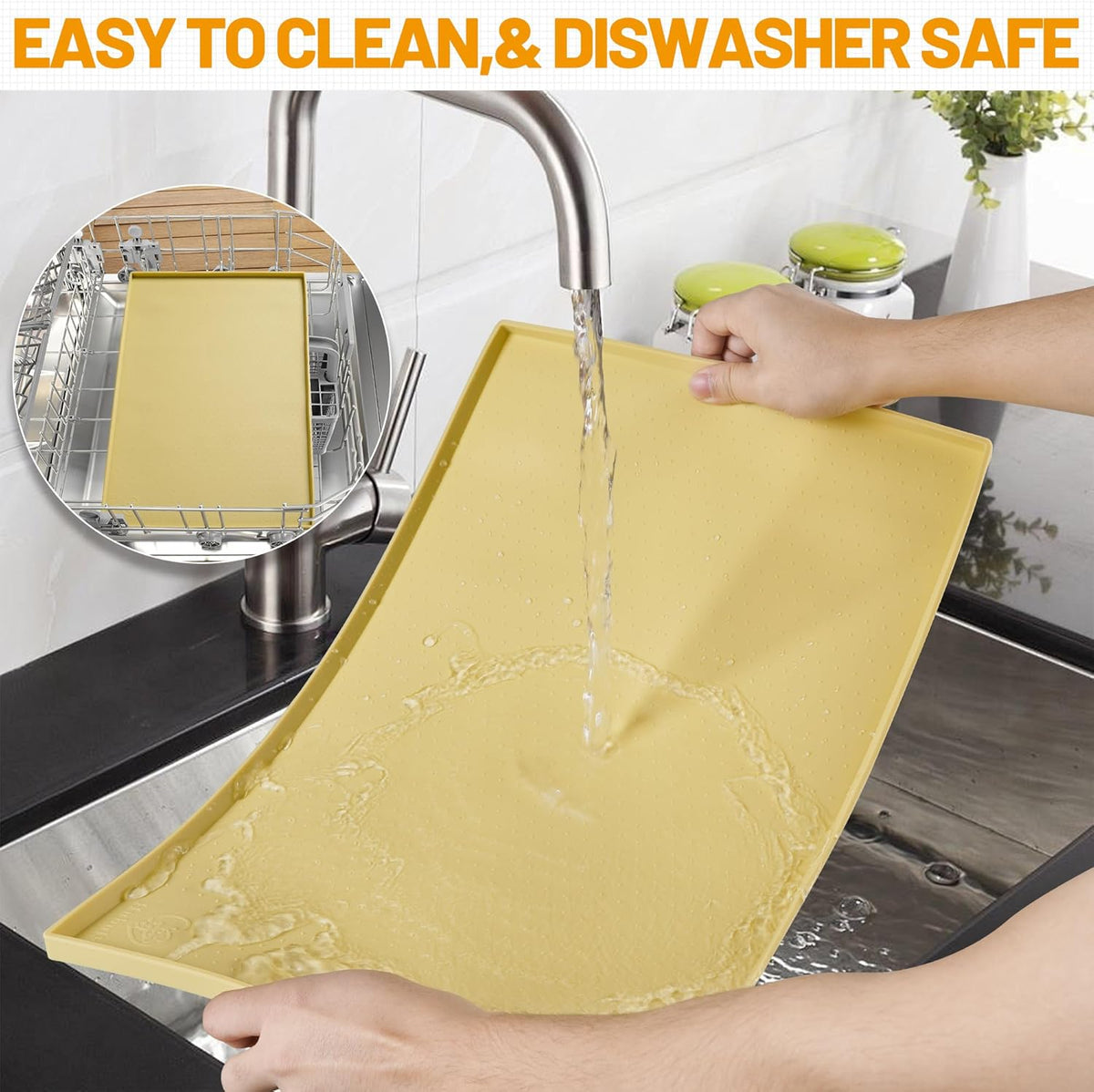 Dog Feeding Mat,100% Waterproof Food Grade Silicone Pet Food and Water Bowl Placemat,Dishwasher, High Raised Edge to Prevent Spills,Nonslip Tray to Stop Messes on Floor (19"X12"X0.5", Yellow)