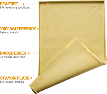 Dog Feeding Mat,100% Waterproof Food Grade Silicone Pet Food and Water Bowl Placemat,Dishwasher, High Raised Edge to Prevent Spills,Nonslip Tray to Stop Messes on Floor (19"X12"X0.5", Yellow)