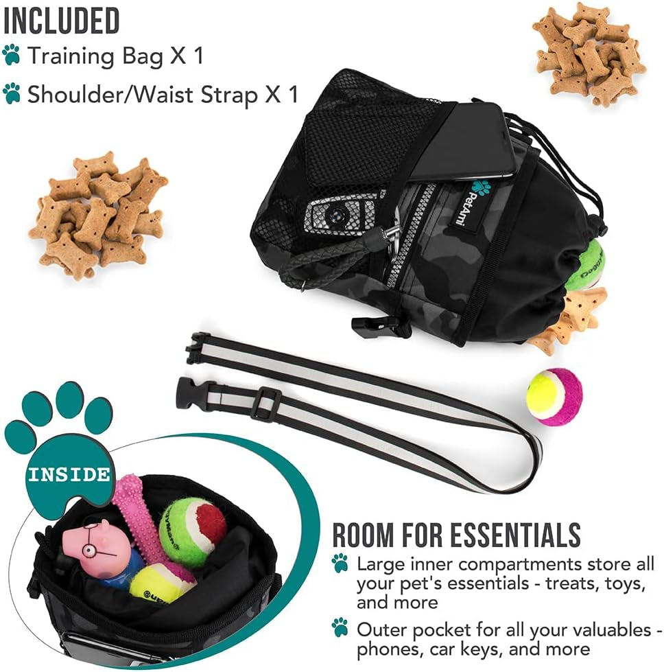Hands-Free Dog Treat Pouch for Training and Walking in Camo Black