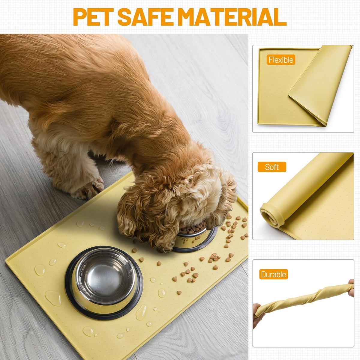 Dog Feeding Mat,100% Waterproof Food Grade Silicone Pet Food and Water Bowl Placemat,Dishwasher, High Raised Edge to Prevent Spills,Nonslip Tray to Stop Messes on Floor (19"X12"X0.5", Yellow)