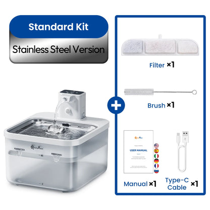 2.5L Automatic Stainless Steel Cat Water Fountain 4000Mah Wireless Pet Drinker Battery & Sensor 2 in 1 Dispenser