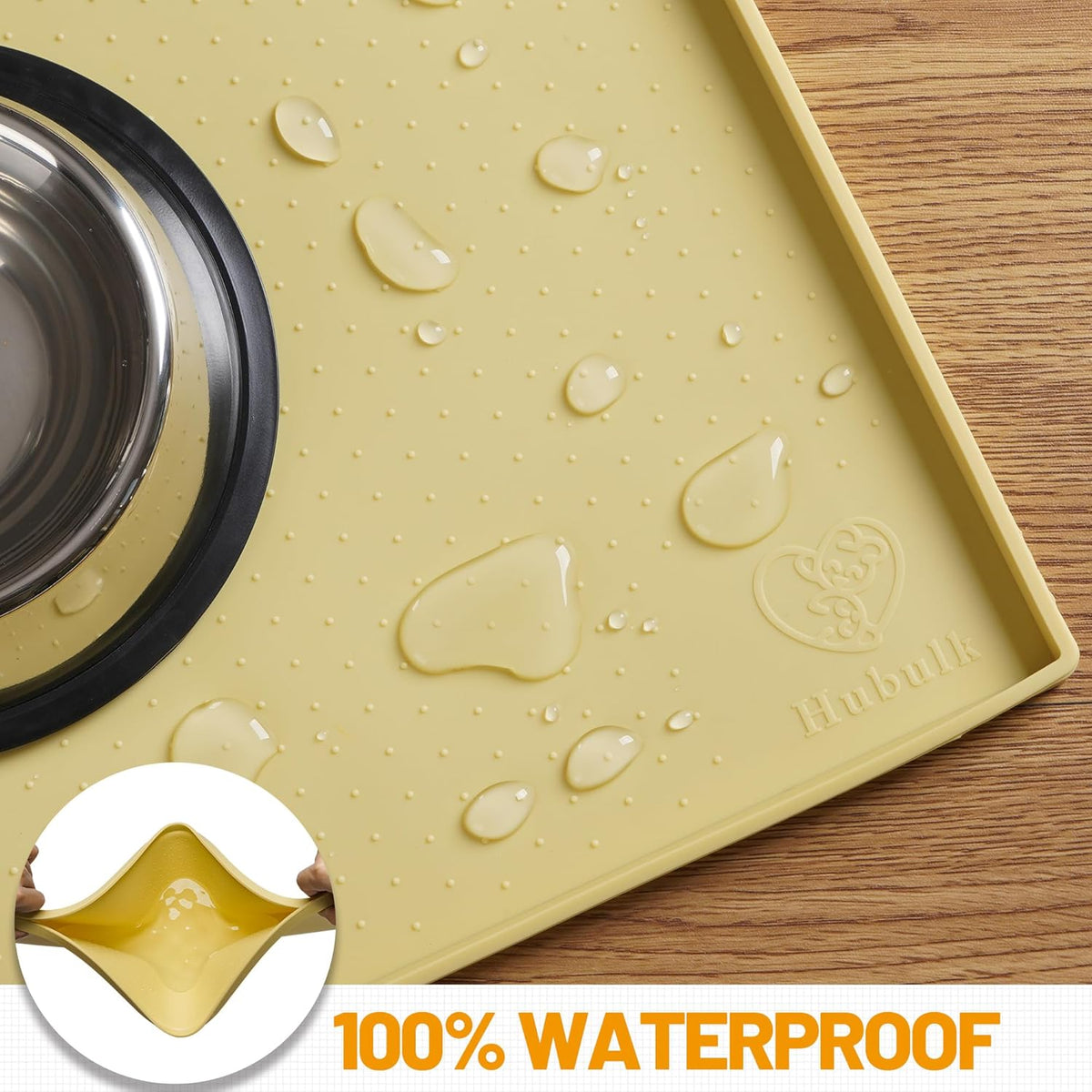 Dog Feeding Mat,100% Waterproof Food Grade Silicone Pet Food and Water Bowl Placemat,Dishwasher, High Raised Edge to Prevent Spills,Nonslip Tray to Stop Messes on Floor (19"X12"X0.5", Yellow)