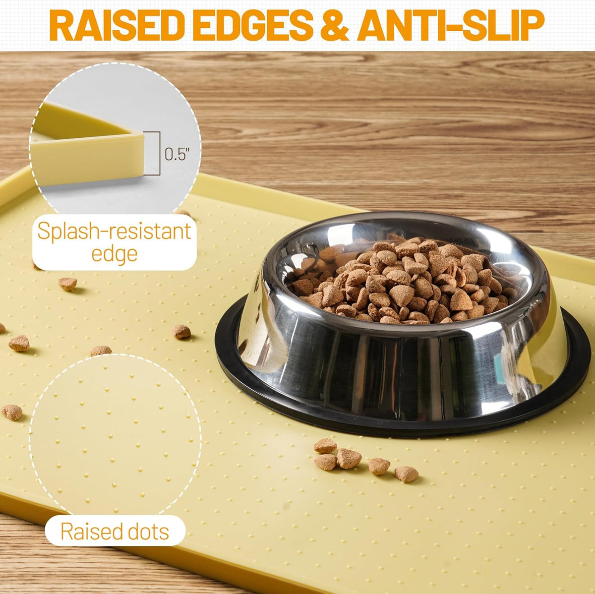 Dog Feeding Mat,100% Waterproof Food Grade Silicone Pet Food and Water Bowl Placemat,Dishwasher, High Raised Edge to Prevent Spills,Nonslip Tray to Stop Messes on Floor (19"X12"X0.5", Yellow)