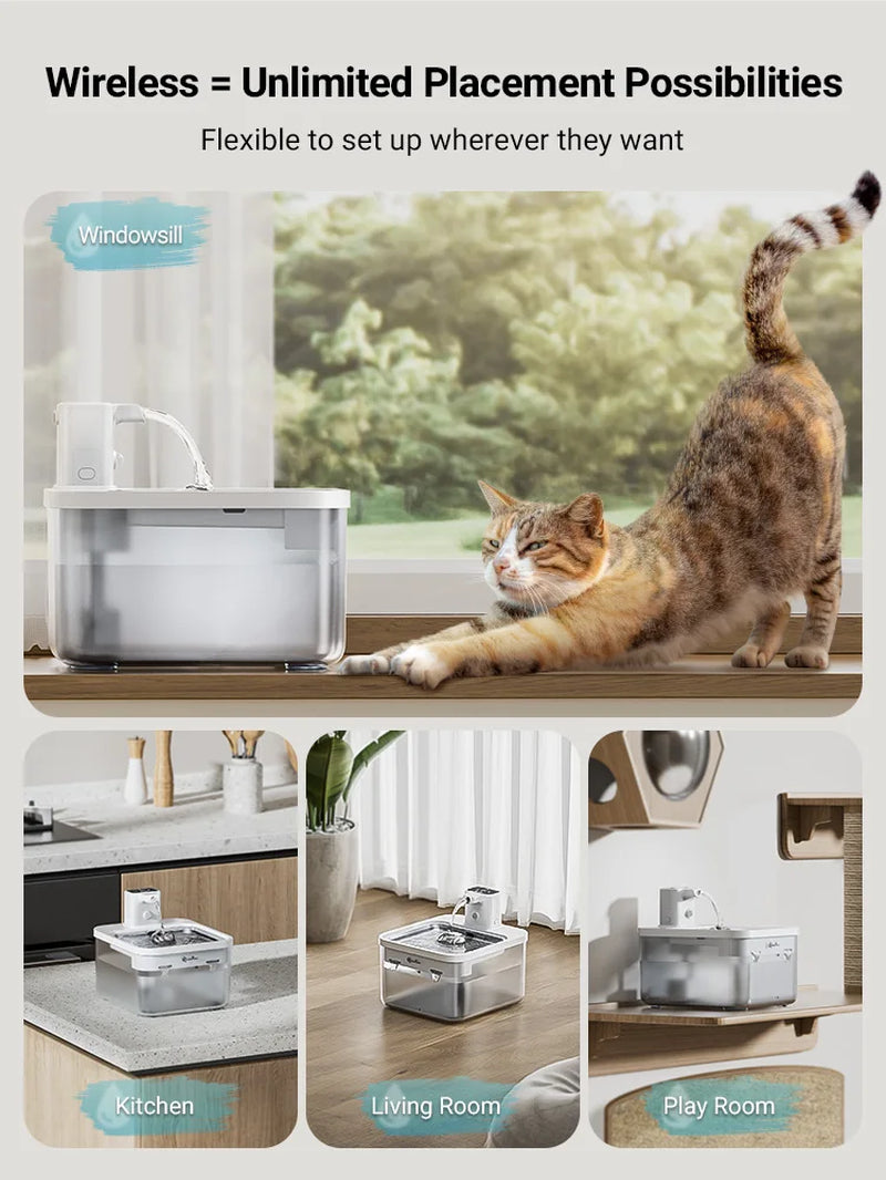 2.5L Automatic Stainless Steel Cat Water Fountain 4000Mah Wireless Pet Drinker Battery & Sensor 2 in 1 Dispenser